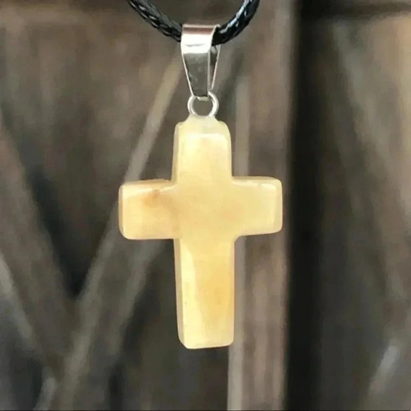 Golden Quartz Cross Natural Braided Stainless Steel Necklace NWT - Picture 1 of 4
